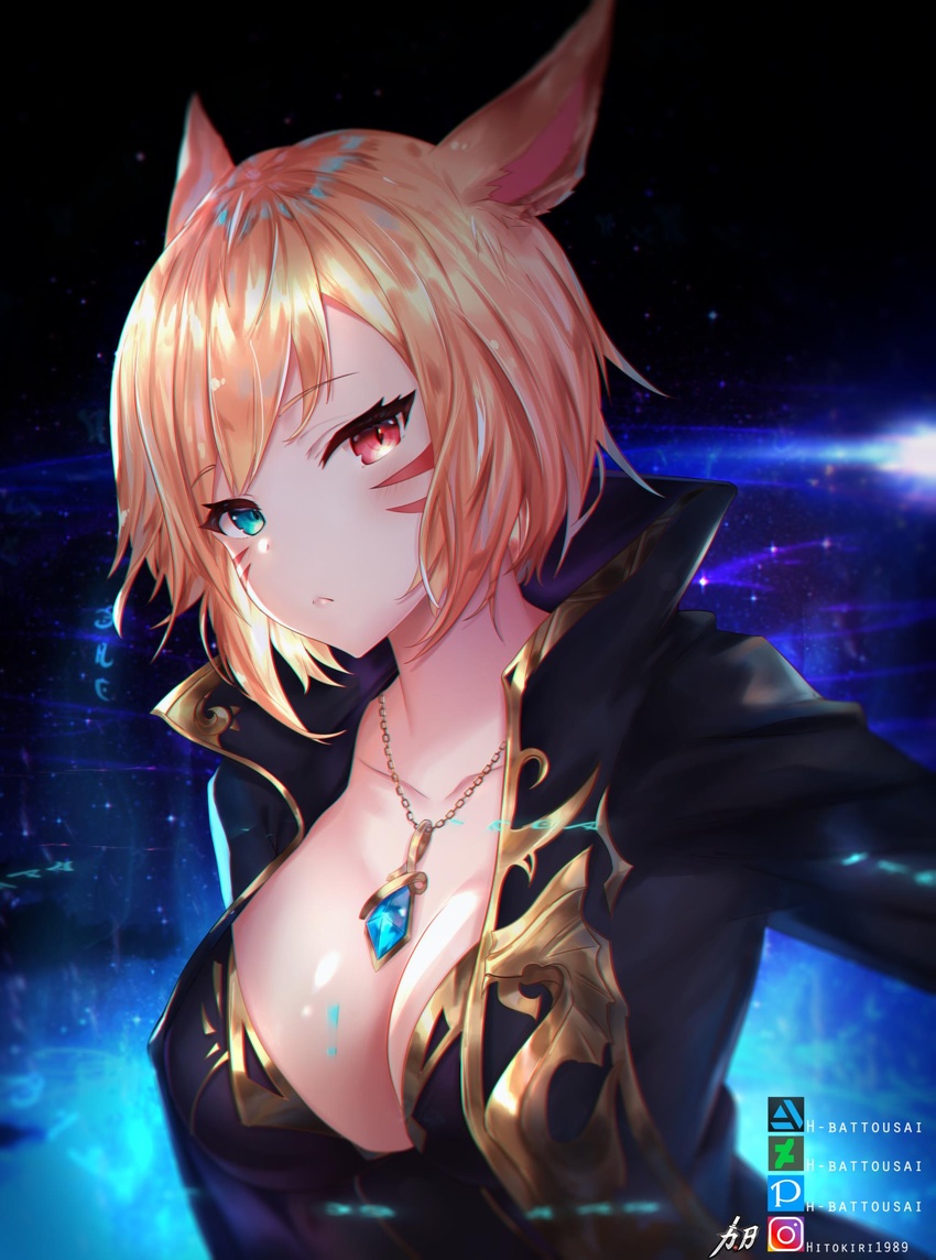 animal_ears artist_name artstation_logo artstation_username blonde_hair blue_eyes blush breasts cat_ears cleavage collarbone commentary commission covered_nipples deviantart_logo deviantart_username drawing facial_mark female final_fantasy final_fantasy_xiv gem heterochromia highres hitokiri_battousai instagram_logo instagram_username jacket jewelry large_breasts looking_at_viewer miqo'te necklace parted_lips pixiv_logo pixiv_username purple_jacket red_eyes short_hair signature slit_pupils solo upper_body warrior_of_light_(ff14)