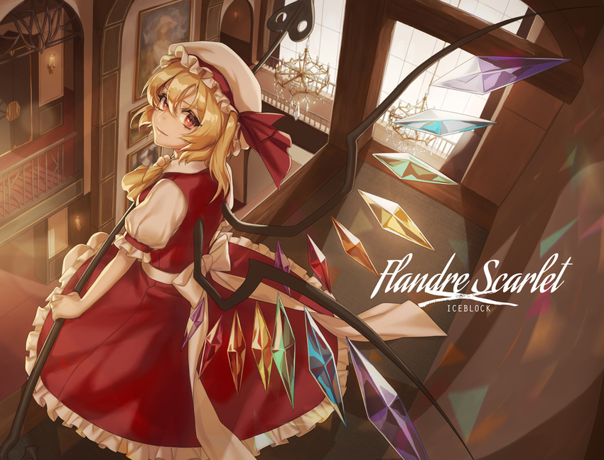 arm_garter artist_name ascot blonde_hair chandelier character_name closed_mouth commentary_request crystal dress female flandre_scarlet frilled_dress frilled_hat frilled_sleeves frills from_above from_behind hair_between_eyes hat hat_ribbon holding holding_weapon iceblock_(ilhgns) indoors laevatein_(touhou) looking_at_viewer looking_back looking_up mansion mob_cap painting_(object) photoshop_(medium) puffy_short_sleeves puffy_sleeves rainbow_order red_dress red_eyes red_ribbon ribbon sash sconce short_sleeves side_ponytail smile solo sunlight touhou weapon white_hat window wings