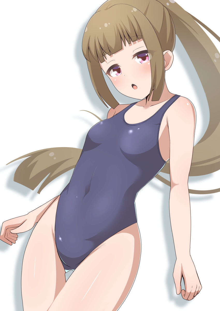 absurdres battle_girl_high_school blunt_bangs breasts brown_hair commentary_request cowboy_shot female fujimiya_sakura highleg highleg_swimsuit highres ikatako0312 long_hair ponytail red_eyes school_swimsuit simple_background small_breasts solo swimsuit white_background