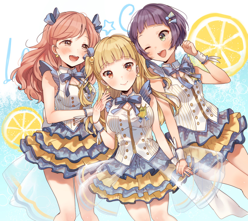 3girls araki_rena bare_legs blonde_hair blue_bow blue_bowtie blue_ribbon blunt_bangs blush bow bowtie breasts brown_eyes brown_hair closed_mouth dress earrings food frilled_skirt frills fruit green_eyes hair_ornament hair_ribbon hairclip hanako151 hand_up holding_hands jewelry layered_skirt lemon lemon_slice long_hair looking_at_viewer multiple_girls nishizono_honoka one_eye_closed open_mouth purple_hair red_eyes ribbon shirt short_hair skirt sleeveless sleeveless_shirt smile tokyo_7th_sisters two_side_up uesugi_u._kyouko white_shirt wrist_cuffs