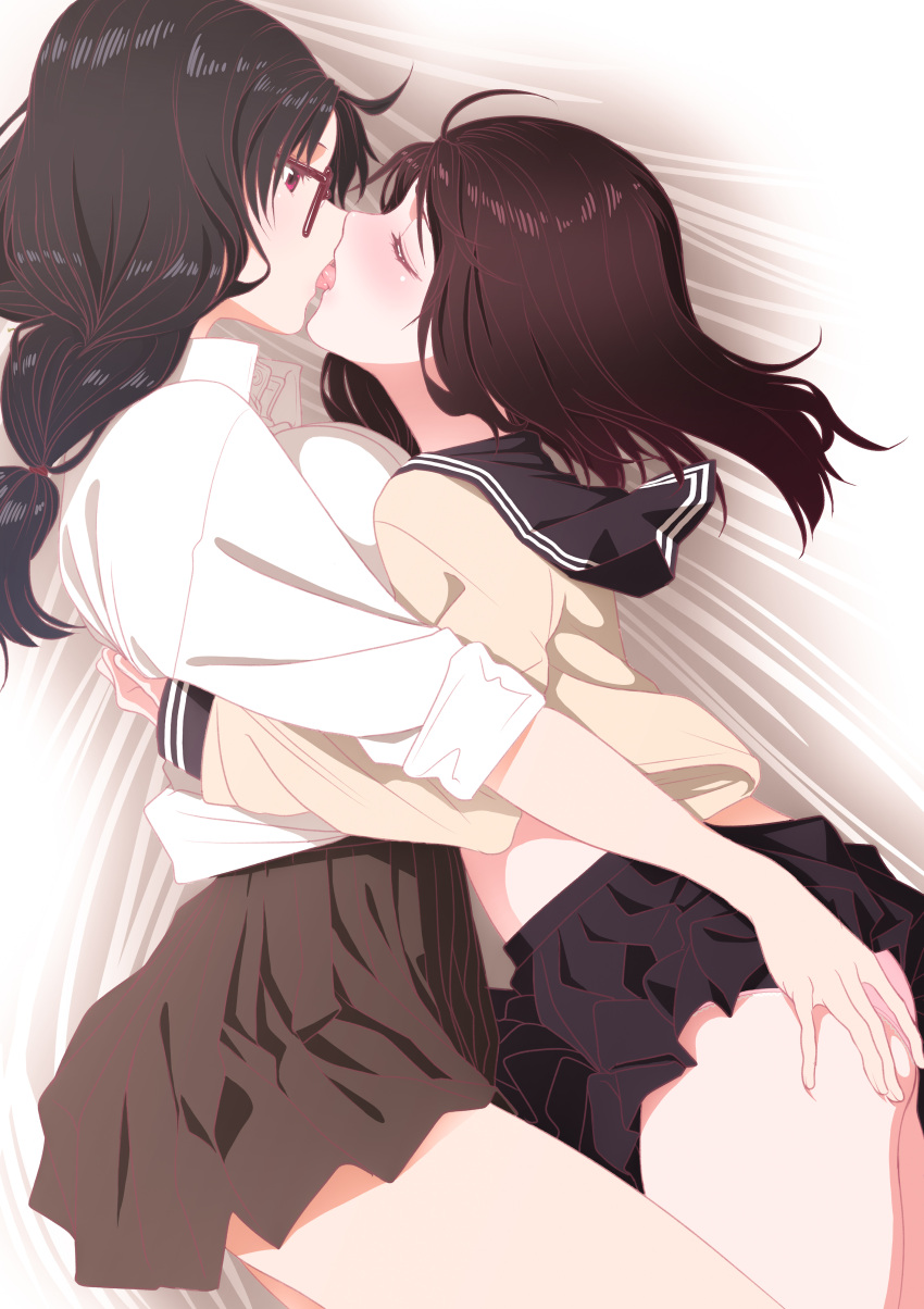 2girls absurdres ass ass_grab bed bed_sheet black_hair blush character_request closed_eyes french_kiss gamma_(ogino_jun) glasses grabbing grabbing_another's_ass groping highres hug kissing kitajishi_yuri multiple_girls ogino_jun pleated_skirt school_uniform skirt tongue tongue_out yuri