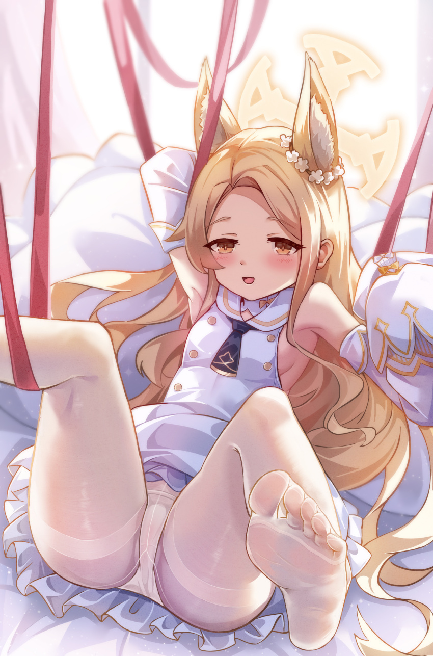 absurdres animal_ears bare_shoulders blonde_hair blue_archive feet female foreshortening fox_ears halo highres ice_laozei looking_at_viewer no_shoes panties pantyhose seia_(blue_archive) soles solo toes underwear white_panties white_pantyhose yellow_eyes