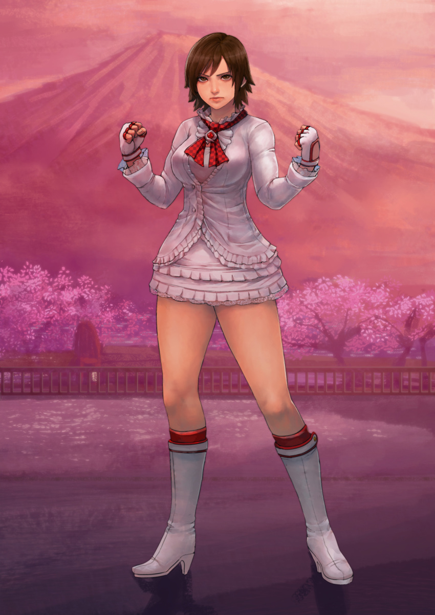 absurdres alternate_costume boots bow breasts brown_eyes brown_hair cherry_blossoms cirenk closed_mouth commentary commission cosplay english_commentary female fingerless_gloves full_body gloves highres jacket kazama_asuka knee_boots lili_(tekken) lili_(tekken)_(cosplay) lips looking_at_viewer md5_mismatch mixed-language_commentary mountainous_horizon neckerchief outdoors pink_sky red_bow red_neckerchief short_hair skirt sky solo standing tekken tree white_footwear white_gloves white_jacket white_skirt