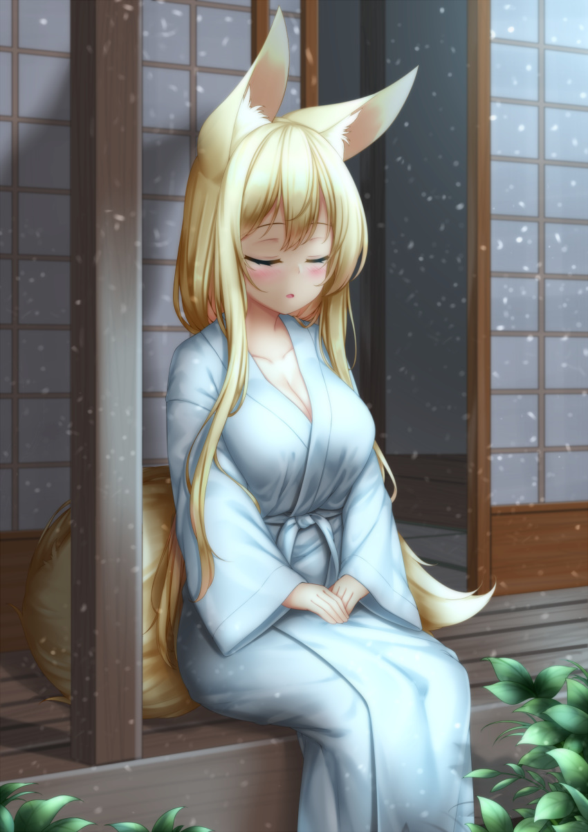 :o animal_ear_fluff animal_ears blue_kimono blush breasts cleavage closed_eyes collarbone commentary_request eyebrows_hidden_by_hair female fox_ears fox_girl fox_tail hands_on_lap highres himeka_chiyako japanese_clothes kimono long_sleeves medium_breasts minaha_(playjoe2005) open_door original outdoors own_hands_together parted_lips sitting sliding_doors solo tail veranda wide_sleeves