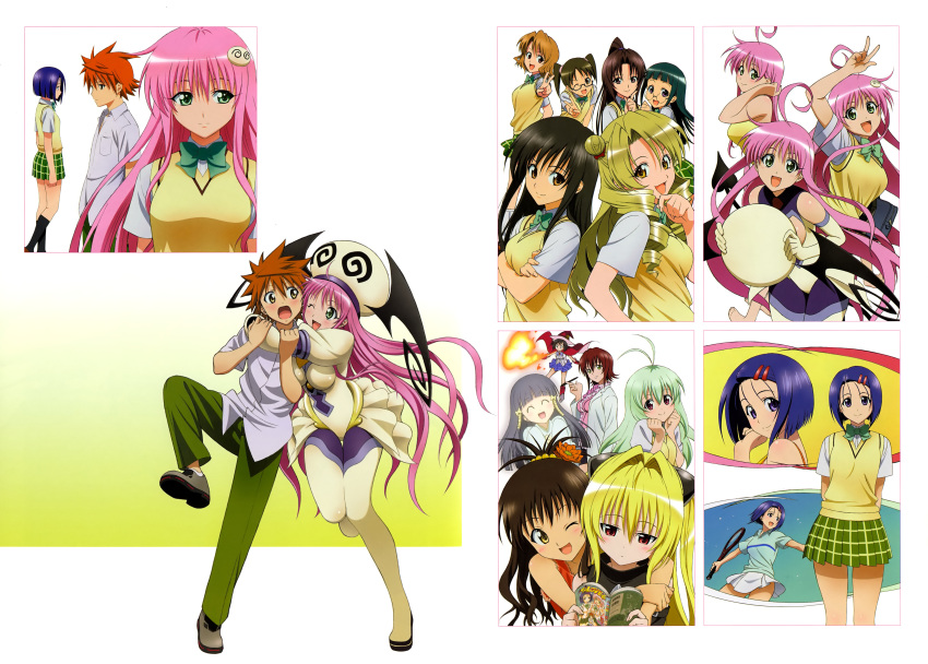 1boy 6+girls absurdres ahoge artist_request black_hair blonde_hair blush bodysuit book boots bow bowtie breath_weapon breathing_fire brown_eyes brown_hair cape closed_eyes crossed_arms double_bun drill_hair fire fourth_wall fujisaki_aya_(to_love-ru) ghost glasses gloves green_eyes green_hair green_skirt grey_hair hair_bun hair_ornament hair_tubes hat head_wings high_ponytail highres hug kirisaki_kyouko_(toloveru) konjiki_no_yami kotegawa_yui kujou_rin lab_coat lala_satalin_deviluke laughing leotard long_hair manga_(object) mikado_ryouko momioka_risa multiple_girls murasame_oshizu official_art one_eye_closed peke pen pink_hair plaid plaid_skirt purple_eyes purple_hair reading red_eyes run_elsie_jewelria sainan_high_school_uniform sairenji_haruna sawada_mio scan school_uniform short_hair short_twintails skirt smile tenjouin_saki thigh_boots thighhighs to_love-ru twintails unworn_hat unworn_headwear v very_long_hair wings witch_hat yuuki_mikan yuuki_rito