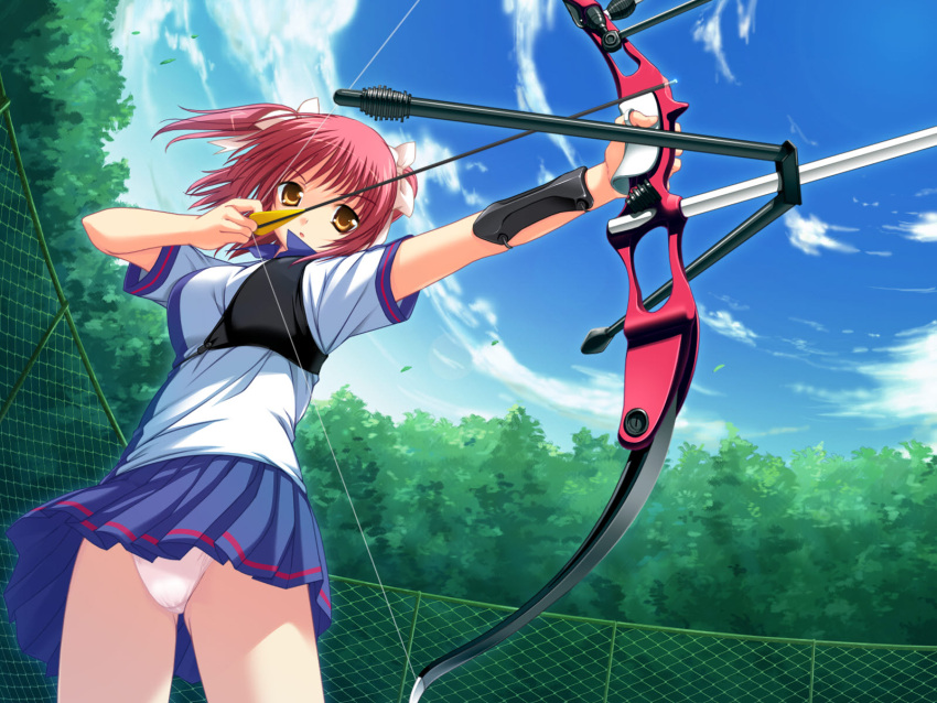 :o aiming archery arm_guards arrow_(projectile) blue_skirt blue_sky bow bow_(weapon) breasts chain-link_fence cowboy_shot day drawing_bow female fence fisheye from_below game_cg hairbow highres himegami_nanase holding holding_arrow holding_bow_(weapon) holding_weapon large_breasts miniskirt muneate outdoors outstretched_arm panties pantyshot pleated_skirt red_hair serious short_sleeves skirt sky solo soushinjutsu_rei sportswear thighs twintails two_side_up underwear upskirt weapon white_panties wind yellow_eyes yukirin