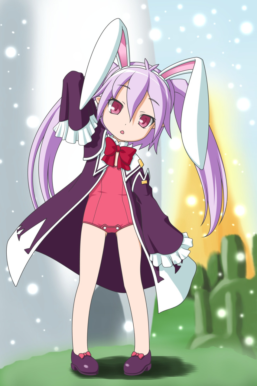 animal_ears arm_up bow bowtie coat commentary_request female full_body head_tilt highres ingrid_sorveig_sorgrims leotard long_hair looking_at_viewer lotte_no_omocha! overcoat pink_eyes pink_leotard pointy_ears purple_hair rabbit_ears sleeves_past_fingers sleeves_past_wrists solo t2r twintails