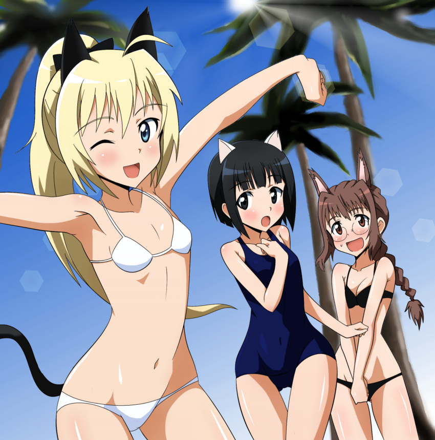 3girls :d :o ;d animal_ears armpits bikini black_eyes black_hair blonde_hair blue_eyes braid brown_eyes brown_hair cat_ears cat_girl cat_tail charlotte_lueder commentary_request glasses highres inagaki_mami kitano_furuko lens_flare long_hair multiple_girls navel one-piece_swimsuit one_eye_closed open_mouth outstretched_arms rabbit_ears rabbit_girl school_swimsuit short_hair smile spread_arms swimsuit tail thigh_gap tokiani v_arms witches_of_africa world_witches_series