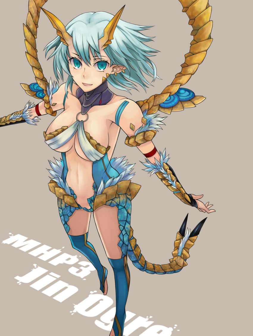 ashita_(2010) bad_id bad_pixiv_id blue_eyes breasts dragon_girl earrings english_text engrish_text female fur highres horns jewelry monster_hunter_(series) monster_hunter_portable_3rd personification ranguage short_hair solo tail thighhighs zinogre