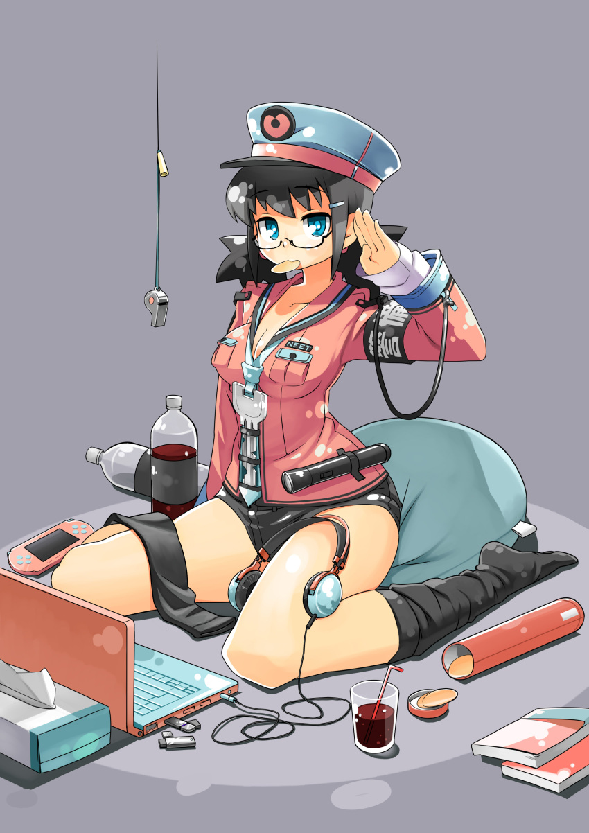 absurdres armband bad_id bad_pixiv_id black_hair black_shorts black_thighhighs blue_eyes breasts chips_(food) cleavage computer female flashlight food fukumaaya glasses grey_background hair_ornament hairclip handheld_game_console hat headphones headphones_removed highres key laptop medium_breasts mouth_hold neet original peaked_cap pillow playstation_portable potato_chips salute short_shorts shorts single_thighhigh sitting solo thighhighs tissue_box wariza whistle