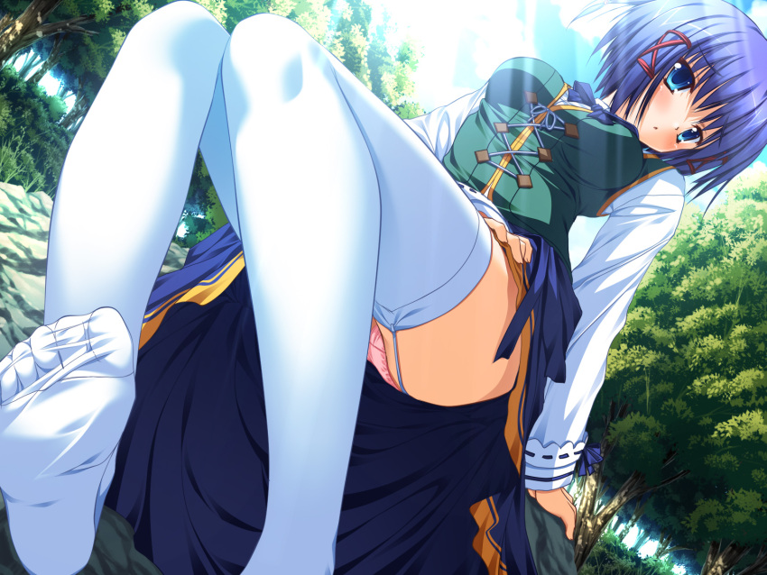 aona_masao aqua_eyes blue_hair blush dutch_angle engage_links feet female foot_focus forest game_cg garter_straps helen_(engage_links) highres long_sleeves nature nimura_yuuji no_shoes panties pink_panties short_hair sitting soles solo thighhighs underwear white_thighhighs