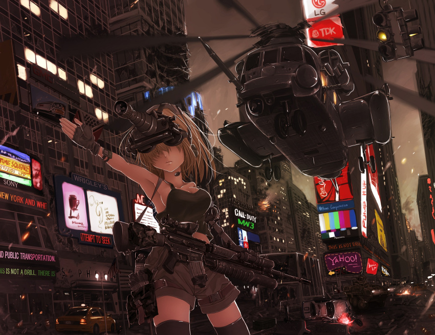 ad aircraft armored_vehicle assault_rifle bad_id bad_pixiv_id building call_of_duty call_of_duty:_modern_warfare_3 car ch-53 crop_top english_text engrish_text explosive female fingerless_gloves gloves grenade grenade_launcher gun handgun headset helicopter highres koh_(minagi_kou) m16 m16a4 m203 midriff military military_vehicle motion_blur motor_vehicle new_york_city night_vision_device police_car ranguage real_world_location rifle shorts sony stryker taxi thighhighs times_square underbarrel_grenade_launcher weapon wrigley's yahoo!