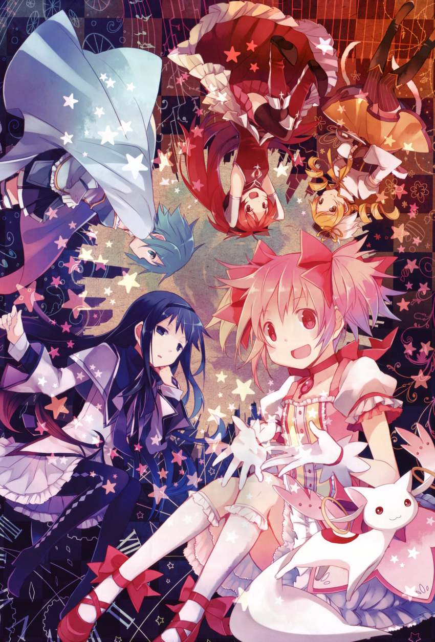 5girls akemi_homura akemi_homura_(magical_girl) black_hair blonde_hair blue_eyes blue_hair boots cape hanokage highres kaname_madoka kaname_madoka_(magical_girl) kyuubee long_hair magical_girl mahou_shoujo_madoka_magica mahou_shoujo_madoka_magica_(anime) miki_sayaka miki_sayaka_(magical_girl) multiple_girls official_art pantyhose pink_eyes pink_hair purple_eyes purple_hair red_eyes red_hair sakura_kyoko sakura_kyoko_(magical_girl) star_(symbol) thighhighs tomoe_mami tomoe_mami_(magical_girl) white_cape yellow_eyes