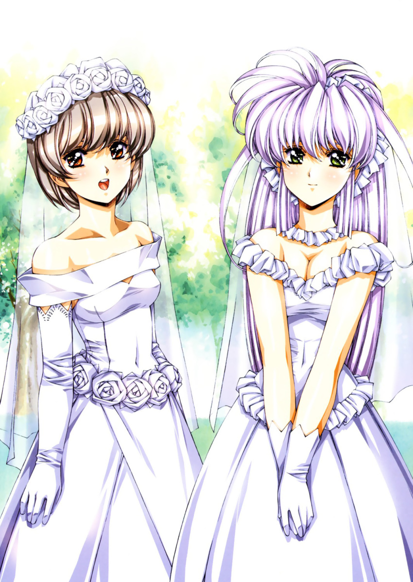 2girls blush breasts bride brown_hair cleavage d-ln d-tp dress elbow_gloves gloves green_eyes growlanser growlanser_iv highres long_hair medium_breasts multiple_girls open_mouth photoshop_(medium) pink_hair purple_hair red_eyes short_hair urushihara_satoshi wedding_dress white_background white_theme