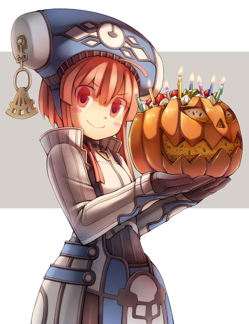 >:) blush_stickers cake candle coat commentary_request dewprism female food fruit gloves hat highres jack-o'-lantern looking_at_viewer maya_(dewprism) namaru_(summer_dandy) photoshop_(medium) pumpkin red_eyes red_hair short_hair smile solo strawberry v-shaped_eyebrows