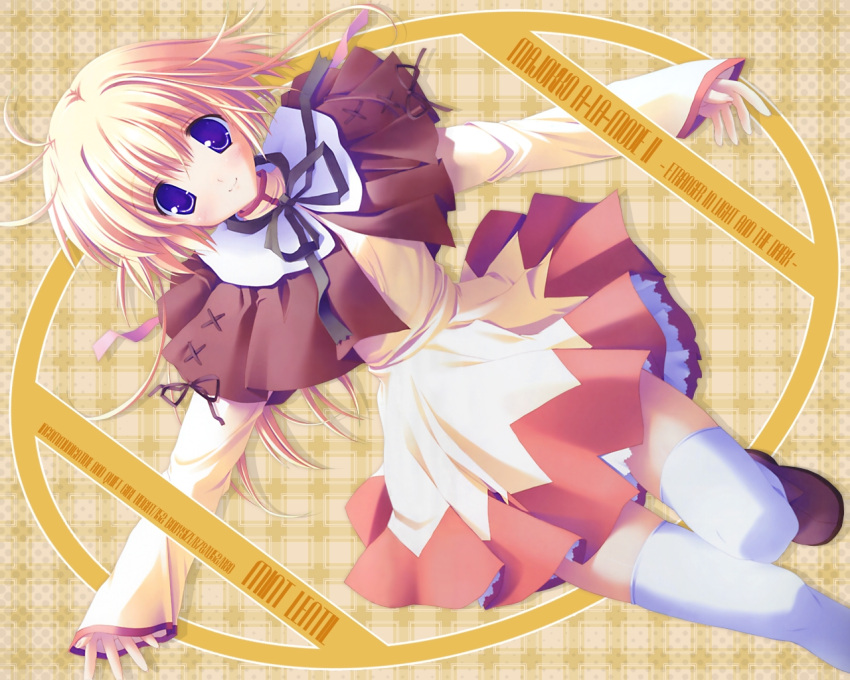 artist_request blonde_hair blush bow female majokko_a_la_mode_2 mint_lentil purple_eyes skirt smile solo thighhighs zettai_ryouiki