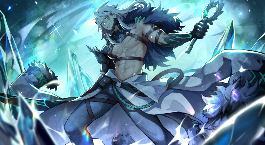 1boy 2r-_(pixiv8168114) abs absurdres alchemy_stars barton_(alchemy_stars) barton_(deft_blades)_(alchemy_stars) belt clothes_around_waist colored_skin feet_out_of_frame glint green_eyes highres holding holding_sword holding_weapon ice long_sleeves looking_at_viewer male_focus multicolored_skin nipples pants scar scar_across_eye scar_on_chest sharp_teeth smile solo standing sword tail teeth weapon