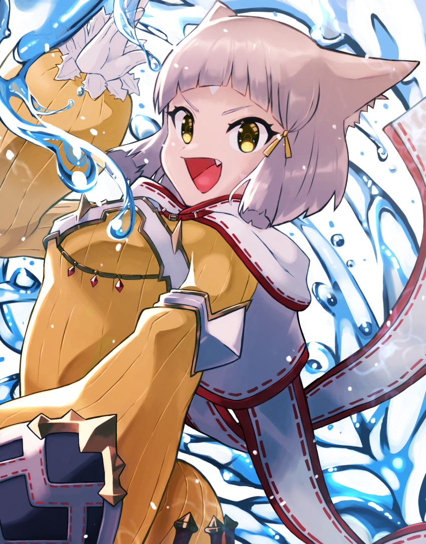 animal_ears blunt_bangs bodysuit breasts cat_ears cat_girl commentary facial_mark female gloves grey_hair highres kyosuke1413koba nia_(xenoblade) short_hair small_breasts solo white_gloves xenoblade_chronicles_(series) xenoblade_chronicles_2 yellow_bodysuit yellow_eyes