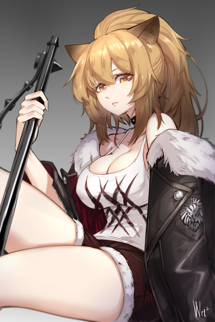 animal_ears arknights bare_shoulders black_choker black_jacket breasts brown_eyes brown_hair choker commentary_request d-cao female fur-trimmed_jacket fur_trim gradient_background grey_background hair_between_eyes highres jacket large_breasts lion_ears long_hair looking_at_viewer off_shoulder open_clothes open_jacket parted_lips short_shorts shorts siege_(arknights) sitting solo tank_top thighs white_tank_top