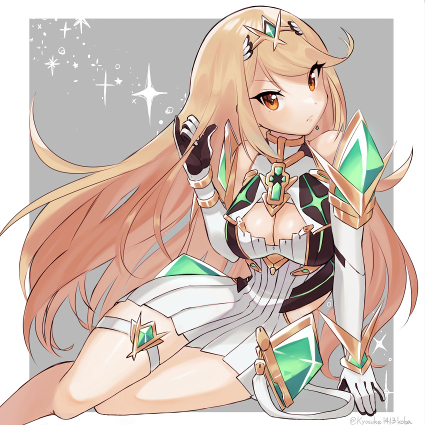 bare_legs bare_shoulders blonde_hair breasts chest_jewel cleavage cleavage_cutout clothing_cutout dress earrings elbow_gloves female gloves highres jewelry kyosuke1413koba large_breasts long_hair mythra_(xenoblade) short_dress solo swept_bangs thigh_strap tiara very_long_hair white_dress white_gloves xenoblade_chronicles_(series) xenoblade_chronicles_2 yellow_eyes