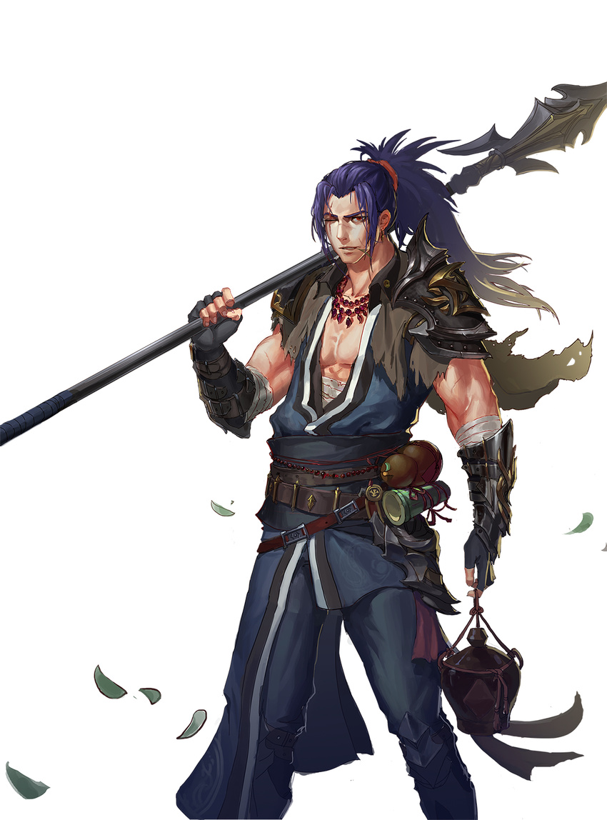 1boy armor belt commentary_request demonic_lancer dungeon_and_fighter gauntlets highres holding holding_weapon jewelry jug_(bottle) male_focus muscular necklace one_eye_closed over_shoulder polearm ponytail purple_hair red_eyes shoulder_armor solo standing teitousensei vanguard_(dungeon_and_fighter) weapon