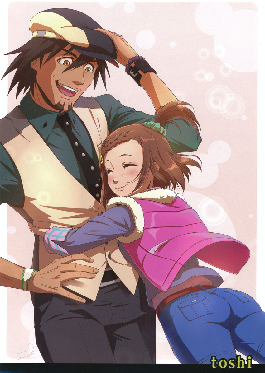 1boy ^_^ ass belt blush bracelet braid braided_bangs brown_eyes brown_hair closed_eyes facial_hair father_and_daughter female hair_ornament hairclip highres hug jewelry kaburagi_kaede kaburagi_t._kotetsu necktie non-web_source one_side_up photoshop_(medium) short_hair side_ponytail signature stubble tiger_&_bunny toshi vest waistcoat watch wristwatch