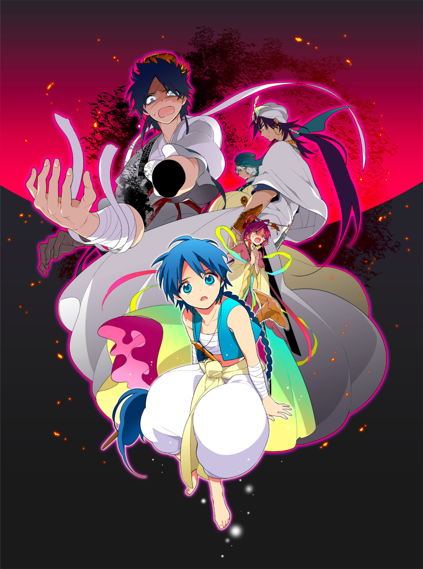 4boys aladdin_(magi) amputee arabian_clothes bad_id bad_pixiv_id baggy_pants bandages barefoot black_hair blue_eyes blue_hair braid chinese_clothes dalc_rose female flute hair_ornament hair_stick hanfu highres instrument ja'far_(magi) keffiyeh long_hair magi_the_labyrinth_of_magic midriff multiple_boys navel pants ponytail red_hair ren_hakuryuu ren_kougyoku short_hair sinbad_(magi) tears turban