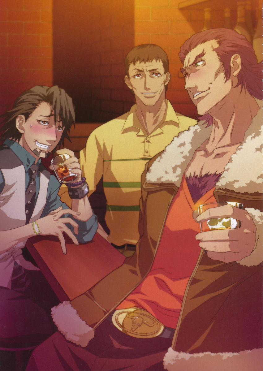 3boys alcohol antonio_lopez belt bracelet brothers brown_eyes brown_hair chest_hair dark-skinned_male dark_skin drunk facial_hair green_eyes highres jewelry kaburagi_muramasa kaburagi_t._kotetsu male_focus multiple_boys necktie non-web_source photoshop_(medium) shirt siblings stubble t-shirt tiger_&_bunny v-neck vest waistcoat watch wristwatch yokota_mamoru