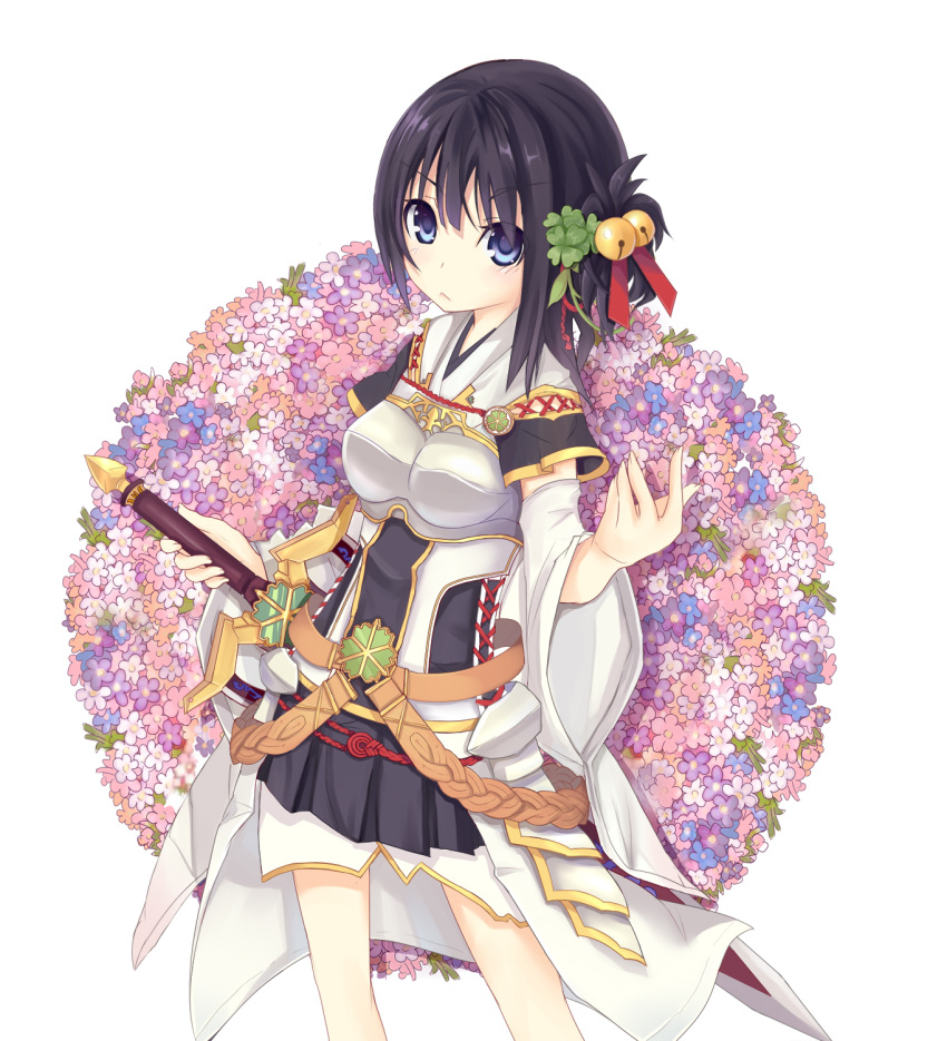 :< armor bad_id bad_pixiv_id bell belt black_hair blue_eyes blue_flower breasts clover clover_hair_ornament detached_sleeves female floral_background flower four-leaf_clover four-leaf_clover_hair_ornament frown hair_bell hair_ornament highres icywood jingle_bell medium_breasts photoshop_(medium) pink_flower pixiv_fantasia pixiv_fantasia_wizard_and_knight purple_flower raised_eyebrow serious short_hair solo sword weapon white_flower