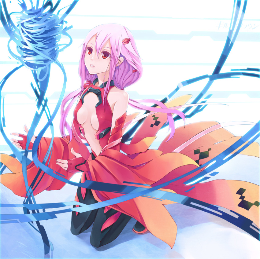 bare_shoulders breasts center_opening cleavage commentary_request female fingerless_gloves gloves guilty_crown hao_(patinnko) kneeling long_hair medium_breasts photoshop_(medium) pink_hair red_eyes solo twintails void_(guilty_crown) yuzuriha_inori