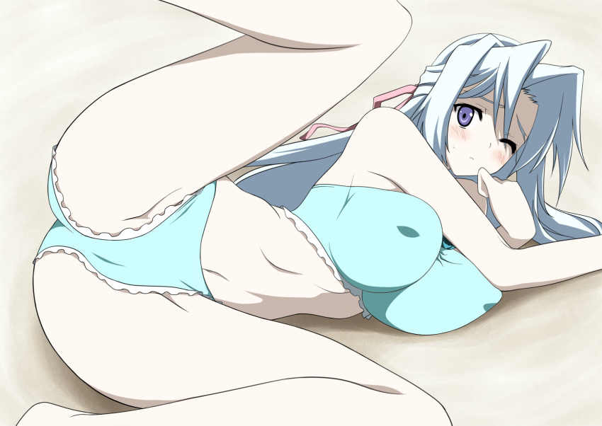 bikini blush breasts commentary_request dragon_crisis! female frilled_bikini frills hair_ribbon highres large_breasts leg_up long_hair maruga_(dragon_crisis!) md5_mismatch miyane_aki_(radical_dash) one_eye_closed pale_skin purple_eyes ribbon solo swimsuit white_hair