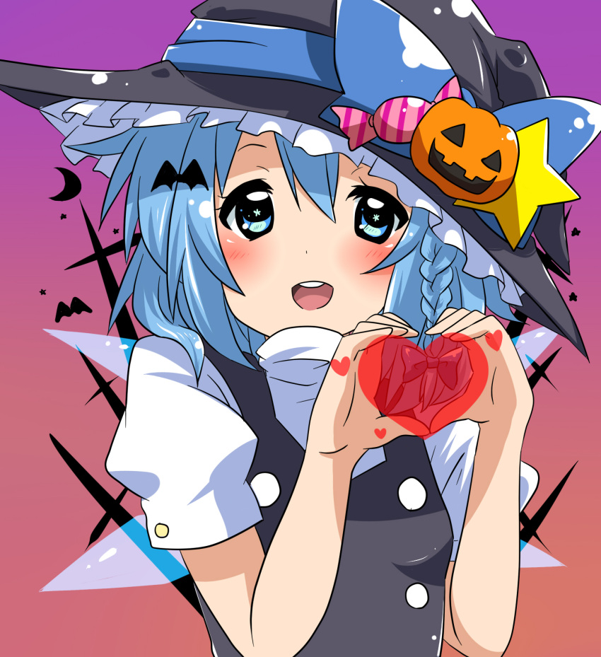 bat_(animal) black_dress blue_eyes blue_hair blush braid candy cirno commentary_request cosplay dress female food hair_ribbon hat hat_ribbon heart heart_hands highres jack-o'-lantern kirisame_marisa kirisame_marisa_(cosplay) negiko open_mouth pumpkin ribbon shirt smile solo star_(symbol) touhou witch_hat