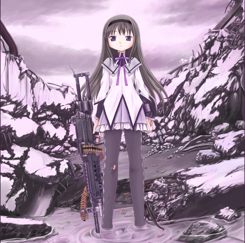 akemi_homura akemi_homura_(magical_girl) ammunition_belt argyle_clothes argyle_legwear black_hair black_pantyhose blue_eyes commentary_request female gun highres injury kahis_(sweetbriar) light_machine_gun long_hair m249 machine_gun magical_girl mahou_shoujo_madoka_magica mahou_shoujo_madoka_magica_(anime) pantyhose ribbon ruins shell_casing solo torn_clothes torn_pantyhose trigger_discipline weapon