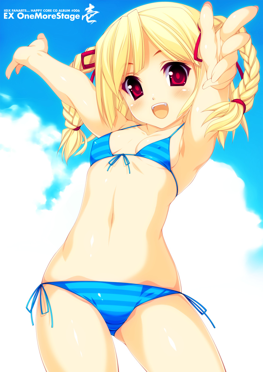 armpits bare_shoulders beatmania beatmania_iidx bikini blonde_hair blush braid cloud collarbone fangs female fingernails foreshortening front-tie_top happy highres kinoshita_ichi long_hair looking_at_viewer midriff navel open_mouth outstretched_arms red_eyes side-tie_bikini small_breasts smile solo standing striped striped_bikini striped_swimsuit swimsuit text xia xia_(beatmania_iidx) xiatian_(beatmania_iidx)