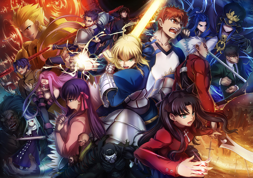 6+boys 6+girls ahoge archer_(fate) armor artoria_pendragon_(fate) bald blindfold blonde_hair blue_eyes blue_hair brown_eyes brown_hair commentary_request cu_chulainn_(fate) cu_chulainn_(fate/stay_night) dark-skinned_male dark_skin dress dual_wielding elbow_gloves electricity emiya_shirou everyone excalibur_(fate/stay_night) fate/stay_night fate_(series) gae_bolg_(fate) gate_of_babylon_(fate) gears gem gilgamesh_(fate) gloves glowing glowing_sword glowing_weapon great_grail green_eyes hair_ribbon hat heracles_(fate) highres holding holding_polearm holding_sword holding_weapon illyasviel_von_einzbern kanshou_&_bakuya_(fate) kotomine_kirei kuzuki_souichirou long_hair magic_circuit matou_sakura matou_shinji matou_zouken medea_(fate) medusa_(fate) medusa_(rider)_(fate) monohoshizao multiple_boys multiple_girls muscular nameless_dagger_(fate) open_mouth orange_hair photoshop_(medium) pink_hair planted planted_sword polearm priest purple_eyes purple_hair red_eyes ribbon saber_(fate) sasaki_kojirou_(fate) short_hair spear sword todee tohsaka_rin twintails two-handed unlimited_blade_works_(fate) weapon white_hair yin_yang