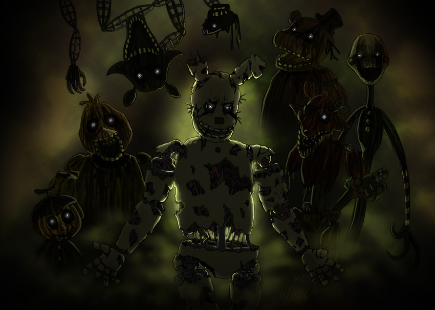 animatronic avian bear bird canid canine chicken clothing digital_media_(artwork) eye_patch eyewear five_nights_at_freddy's five_nights_at_freddy's_3 fox galliform gallus_(genus) glowing glowing_eyes group hat headgear headwear hi_res lagomorph leda456 leporid machine male mammal phantom_balloon_boy_(fnaf) phantom_chica_(fnaf) phantom_foxy_(fnaf) phantom_freddy_(fnaf) phantom_mangle_(fnaf) phantom_marionette_(fnaf) phasianid rabbit robot scottgames spirit springtrap_(fnaf) teeth top_hat