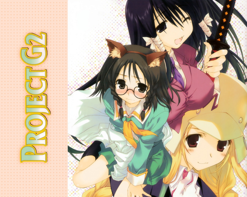 3girls black_hair blonde_hair blush cosplay genshiken glasses helm helmet kamishakujii_renko kamishakujii_renko_(cosplay) kasukabe_saki katana kisaragi_kasumi kisaragi_kasumi_(cosplay) kujibiki_unbalance long_hair mitsumi_misato mole mole_under_eye mole_under_mouth multiple_girls multiple_moles ogiue_chika ohno_kanako ribbon ritsuko_kubel_kettenkrad ritsuko_kubel_kettenkrad_(cosplay) school_uniform short_hair skirt sword weapon