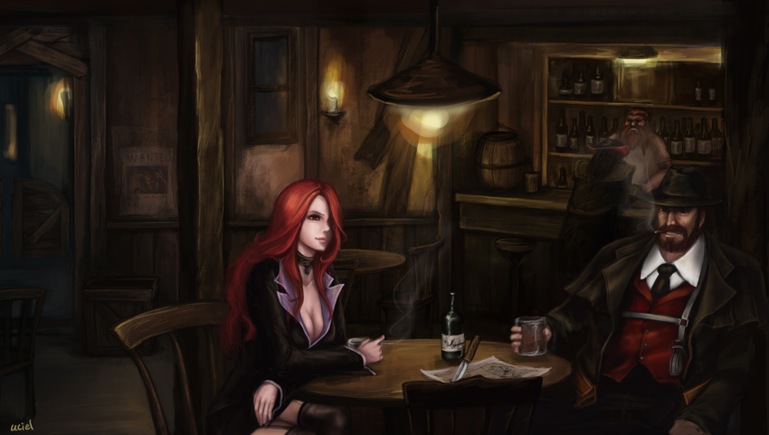 3boys bad_id bad_pixiv_id barrel beard black_hair bottle breasts brown_hair candle chair choker cigarette cleavage coat collared_shirt draven facial_hair fedora female glass gragas graves_(league_of_legends) hair_over_one_eye hat highres indoors knife league_of_legends long_hair luvsyung medium_breasts miss_fortune_(league_of_legends) moustache multiple_boys necktie no_headwear photoshop_(medium) poster_(object) red_eyes red_hair shirt short_hair strap table thighhighs twisted_fate wanted