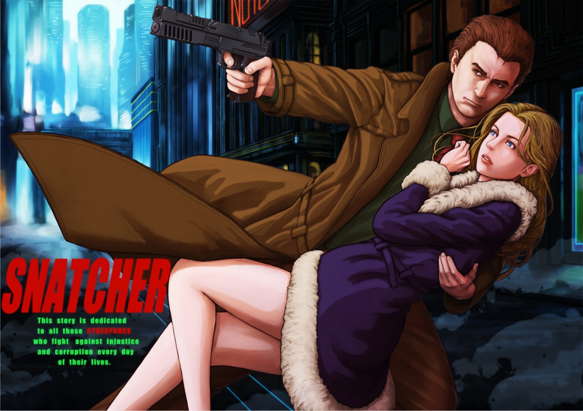 1boy aiming bad_id bad_pixiv_id blonde_hair blue_eyes brown_eyes brown_hair building cityscape coat couple cyberpunk detective english_text female gillian_seed gun handgun holding hug husband_and_wife jamie_seed legs long_hair necktie night police raikou_(yorimitsu) realistic science_fiction shoes snatcher straight video_game weapon