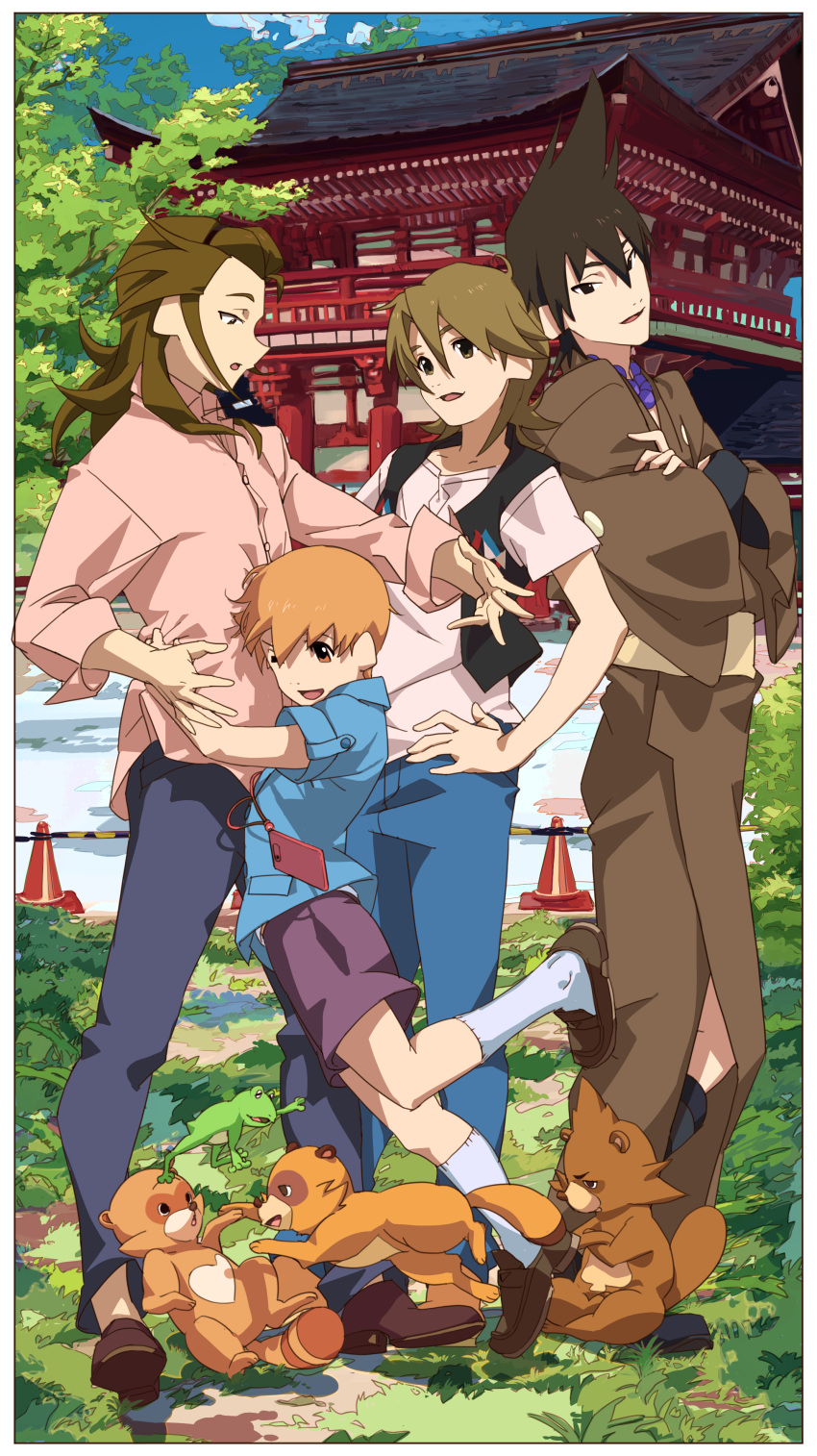 4boys :o absurdres black_hair brothers brown_eyes brown_hair crossed_arms denim family frog hairband hand_on_own_hip highres hug japanese_clothes jeans jumping kimono kneehighs long_hair male_focus multiple_boys multiple_persona one_eye_closed orange_hair pants shimogamo_yaichirou shimogamo_yajirou shimogamo_yasaburou shimogamo_yashirou shirt short_hair shorts shun_h_a siblings smile socks spiked_hair surprised t-shirt tanuki temple uchouten_kazoku vegetation vest