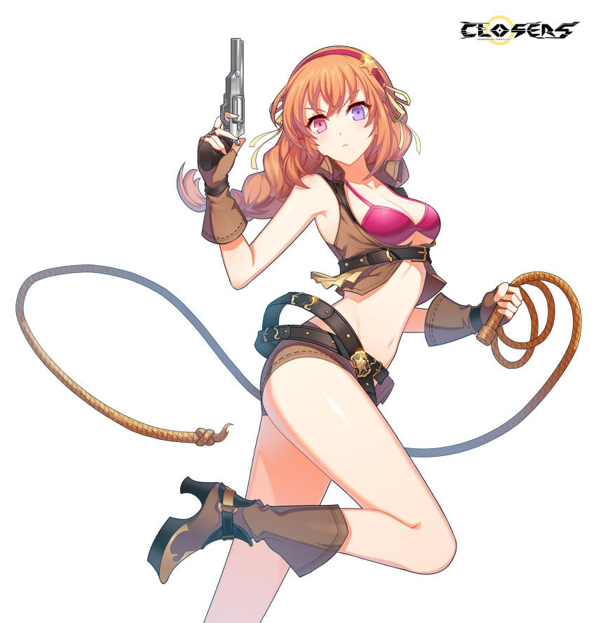 arm_up armpits bai_winchester bare_shoulders belt bikini boots braid breasts brown_footwear brown_gloves brown_shirt brown_shorts cleavage closers collared_shirt crop_top female finger_on_trigger fingerless_gloves floating_hair framed_breasts gloves gun hairband handgun heterochromia highres holding holding_gun holding_lasso holding_weapon lasso leg_up long_hair looking_at_viewer loose_belt medium_breasts micro_shorts multiple_belts navel non-web_source official_art orange_hair pink_bikini pink_eyes purple_eyes revealing_clothes revolver shirt shorts single_braid sleeveless sleeveless_shirt solo stomach string_bikini swimsuit thighs v-shaped_eyebrows weapon