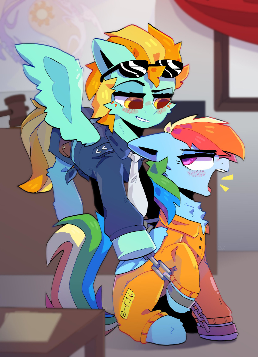 2019 absurd_res alicorn angry blush bound chains chest_tuft clothed clothed_feral clothing courtroom cuff_(restraint) dinohorse duo emblem equid equine eyewear feathered_wings feathers feral flying friendship_is_magic fur hair hammer handcuffs hasbro hi_res hooves horn inside jumpsuit lightning_dust_(mlp) mammal metal_cuffs moon multicolored_hair my_little_pony mythological_creature mythological_equine mythology necktie orange_hair orange_jumpsuit pegasus police police_uniform princess_celestia_(mlp) princess_luna_(mlp) prison_uniform prisoner purple_eyes rainbow_dash_(mlp) rainbow_hair restraints shackles sitting smile sun sunglasses tools tuft uniform wings yelling yellow_eyes yin_yang