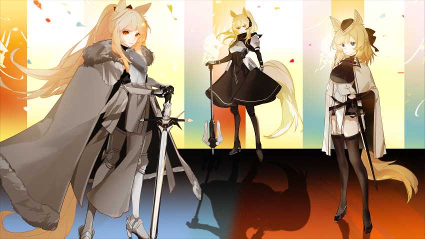 3girls absurdres animal_ears aonogura arknights armor aunt_and_niece axe black_bow black_footwear black_headwear black_legwear blemishine_(arknights) blush boots bow breastplate brown_eyes cape commentary_request eyebrows gauntlets greaves hairbow hat high_heels highres holding holding_axe holding_sword holding_weapon horse_ears horse_girl horse_tail kingdom_of_kazimierz_logo long_hair looking_at_viewer multiple_girls nearl_(arknights) open_mouth pauldrons planted planted_axe planted_sword ponytail serious shoulder_armor siblings sisters sword tail thighhighs weapon whislash_(arknights) white_armor white_cape yellow_eyes