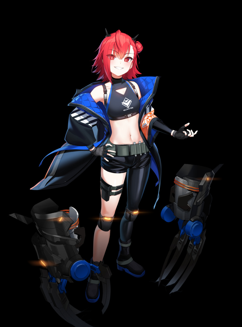 armpits asymmetrical_clothes bare_shoulders belt black_gloves black_jacket black_pants black_shirt boots bright_pupils claw_(weapon) cleavage_cutout closers clothing_cutout crop_top female fingerless_gloves gloves grin hair_bun hand_on_own_hip highres horns jacket knee_pads long_sleeves looking_at_viewer midriff navel non-web_source off_shoulder official_art open_clothes open_jacket pants red_eyes red_hair seth_(closers) shirt short_hair single_pantsleg sleeveless sleeveless_shirt smile solo stomach strap thigh_strap weapon wide_sleeves