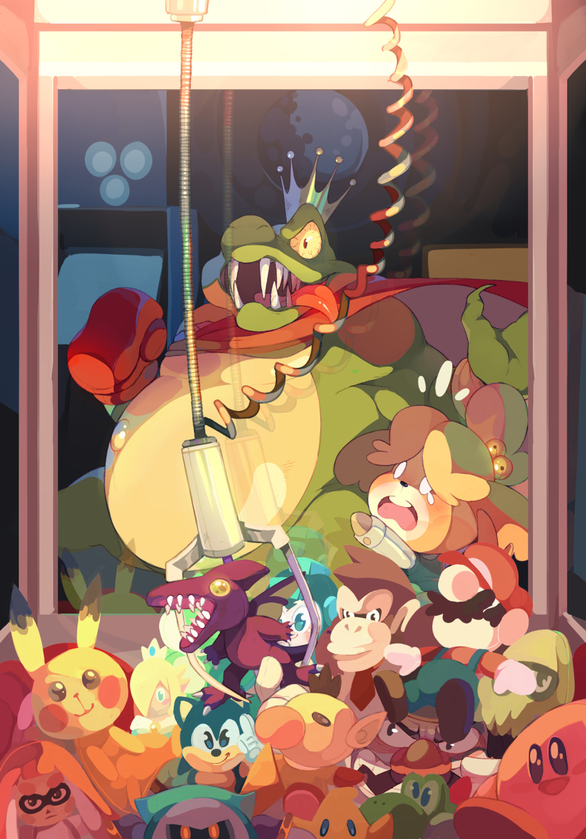 2019 accessory animal_crossing animal_humanoid anthro arcade_machine bloodshot_eyes blooper canid canine canis capcom cape cephalopod cephalopod_humanoid claw_machine clothing crocodilian crossover crown domestic_dog donkey_kong_(character) donkey_kong_(series) female generation_1_pokemon green_yoshi group hair_accessory headgear hi_res hiding human humanoid inkling isabelle_(animal_crossing) k_rool kirby kirby_(series) kremling luma male mammal marine marine_humanoid mario mario_bros mega_man_(character) mega_man_(series) meta_knight metroid mollusk mollusk_humanoid muscular muscular_male nintendo olimar open_mouth pikachu pikmin plushie pokemon pokemon_(species) reflection reptile ridley rosalina_(mario) scalie sega shih_tzu sonic_the_hedgehog sonic_the_hedgehog_(series) sony-shock space_dragon_(metroid) splatoon super_mario_galaxy teeth tongue tongue_out toy_dog wario warioware worried yoshi