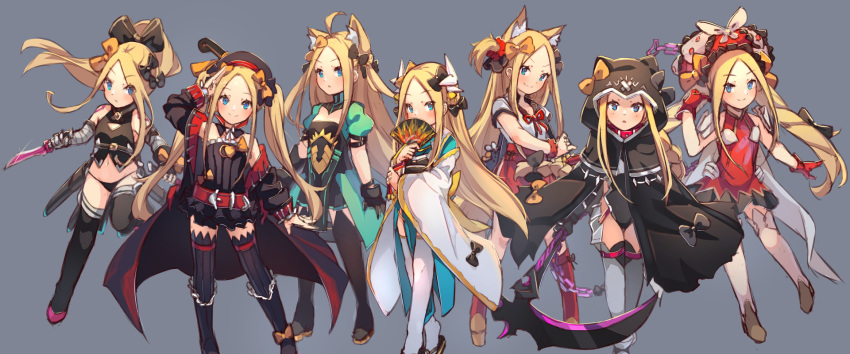 abigail_williams_(emerald_float)_(fate) abigail_williams_(fate) abigail_williams_(traveling_outfit)_(fate) ahoge animal_ear_fluff animal_ears arm_up armored_boots atalanta_(fate) atalanta_(fate)_(cosplay) bandaged_arm bandages bandaid bandaid_on_face bandaid_on_forehead bare_shoulders belt belt_buckle belt_collar beret black_bow black_capelet black_cloak black_dress black_footwear black_gloves black_headwear black_jacket black_leotard black_panties black_shirt black_thighhighs blonde_hair bloomers blue_eyes blue_kimono blush boots bow bow_(weapon) braid breasts brown_background brown_footwear buckle capelet cat_ears cat_girl cat_tail chains cloak closed_mouth clothing_cutout collar commentary cosplay covered_mouth crossed_bandaids dagger dragon_horns dress dual_wielding fate/apocrypha fate/extra fate/extra_ccc fate/extra_ccc_fox_tail fate/grand_order fate_(series) female fighting_stance fingerless_gloves folding_fan forehead fox_ears fox_girl fox_tail frilled_dress frilled_hat frills full_body gloves gradient_background green_dress grey_background hair_between_eyes hair_ornament hair_ribbon hair_scrunchie hairbow hand_fan hand_up hat helena_blavatsky_(fate) helena_blavatsky_(fate)_(cosplay) helena_blavatsky_(third_ascension)_(fate) high_ponytail highres holding holding_bow_(weapon) holding_dagger holding_fan holding_knife holding_scythe holding_weapon hood hood_up hooded_capelet hooded_cloak horns hugging_object jack_the_ripper_(fate/apocrypha) jack_the_ripper_(fate/apocrypha)_(cosplay) jacket japanese_clothes juliet_sleeves katana kemonomimi_mode kimono kiyohime_(fate) kiyohime_(fate)_(cosplay) kneehighs knife leotard long_hair long_sleeves looking_at_viewer marie_antoinette_(fate) marie_antoinette_(fate)_(cosplay) medusa_(fate) medusa_(lancer)_(fate) medusa_(lancer)_(fate)_(cosplay) miya_(miyaruta) multiple_hair_bows multiple_views navel neck_ribbon obi official_alternate_costume open_clothes open_jacket orange_bow panties parted_bangs parted_lips peaked_cap pleated_skirt polka_dot polka_dot_bow ponytail puffy_short_sleeves puffy_sleeves ready_to_draw red_belt red_dress red_eyes red_gloves red_headwear red_legwear red_ribbon red_scrunchie red_skirt red_vest ribbed_legwear ribbon salute sandals sash scrunchie scythe shadow sheath sheathed shirt shoes short_dress short_sleeves shoulder_tattoo side_cutout sidelocks single_braid single_glove skirt sleeveless sleeveless_dress sleeveless_shirt sleeves_past_fingers sleeves_past_wrists small_breasts smile socks sparkle standing standing_on_one_leg strapless strapless_dress stuffed_animal stuffed_toy suzuka_gozen_(fate) suzuka_gozen_(fate)_(cosplay) sword tail tail_bow tail_ornament tattoo teddy_bear thigh_boots thighhighs twintails two-tone_dress two_side_up underwear unsheathed v-shaped_eyebrows very_long_hair vest weapon white_bloomers white_shirt white_thighhighs wide_sleeves zouri