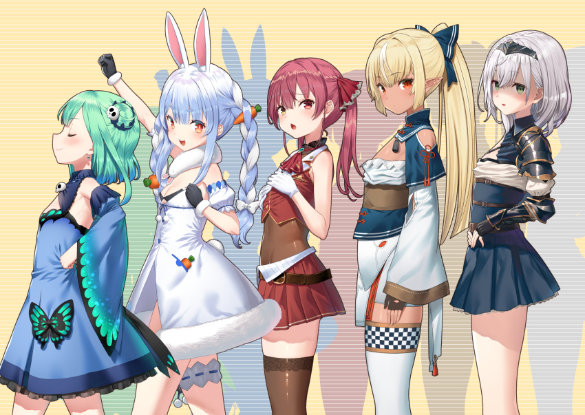 5girls :d alternate_breast_size animal_ear_fluff animal_ears arm_guards arm_up ascot bangs bare_arms black_gloves blonde_hair blue_dress blue_hair blue_skirt blush bodystocking bow braid breasts brown_legwear bunny-shaped_pupils carrot_hair_ornament closed_eyes closed_mouth commentary_request cowboy_shot dark-skinned_female dark_skin detached_collar detached_sleeves don-chan_(usada_pekora) dress earrings eyebrows_visible_through_hair facing_away fingerless_gloves flat_chest food-themed_hair_ornament frilled_dress frills from_side gloves green_eyes green_hair grey_hair hair_bun hair_ornament hair_ribbon hairband hairbow hand_on_hip hands_on_own_chest heterochromia highres hololive hololive_fantasy houshou_marine jacket jewelry leg_garter long_hair long_sleeves looking_at_viewer miniskirt multicolored_hair multiple_girls open_mouth pleated_skirt pointy_ears ponytail profile rabbit_ears rabbit_girl rabbit_tail red_ascot red_eyes red_hair red_jacket red_ribbon red_skirt ribbon shaded_face shiranui_flare shirogane_noel short_eyebrows short_hair sideways_glance skirt skull_earrings skull_hair_ornament sleeveless sleeveless_jacket small_breasts smile standing strapless strapless_dress streaked_hair swimsuit symbol-shaped_pupils tail thick_eyebrows thighhighs twin_braids twintails two_side_up uruha_rushia usada_pekora virtual_youtuber white_bow white_dress white_gloves white_hair white_legwear yasuyuki yellow_eyes