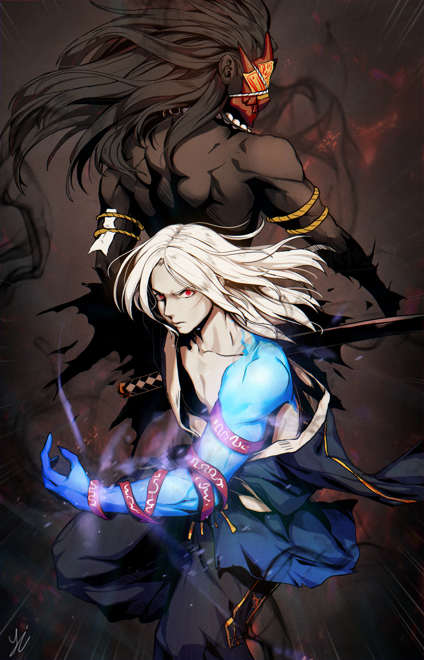 2boys absurdres back back-to-back bead_necklace beads blue_skin colored_skin commentary_request covered_face dark-skinned_male dark_skin downblouse dungeon_and_fighter fighting_stance floating_hair ghost_slayer_(dungeon_and_fighter) ghostblade_(dungeon_and_fighter) glowing_skin hadanugi_dousa hair_slicked_back highres injury japanese_clothes jewelry kimono long_hair looking_at_viewer male_focus mask multiple_boys muscular necklace ofuda open_clothes open_kimono outstretched_arm pants photoshop_(medium) pointy_ears ready_to_draw red_eyes rope scar scar_on_face serious slayer_(dungeon_and_fighter) smoke standing sword talisman topless_male torn_clothes weapon white_hair y.i._(lave2217)