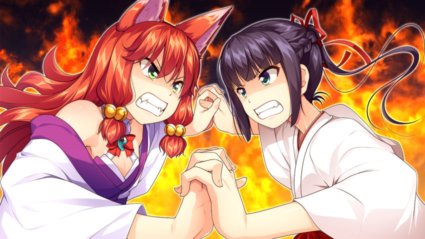 2boys angry animal_ear_fluff animal_ears aogiri_penta bare_shoulders bell black_hair blunt_bangs bow braid choker clenched_teeth confrontation endou_mishiro fangs fiery_background fighting fire fox_boy fox_ears game_cg green_eyes hair_bell hair_ornament hair_ribbon hairbow hakama hakama_skirt interlocked_fingers japanese_clothes jingle_bell josou_jinja kimono long_hair looking_at_another magatama male_focus multiple_boys off_shoulder otoko_no_ko ponytail red_bow red_hair red_ribbon ribbon sidelocks skirt teeth upper_body v-shaped_eyebrows white_kimono yui_(josou_jinja)