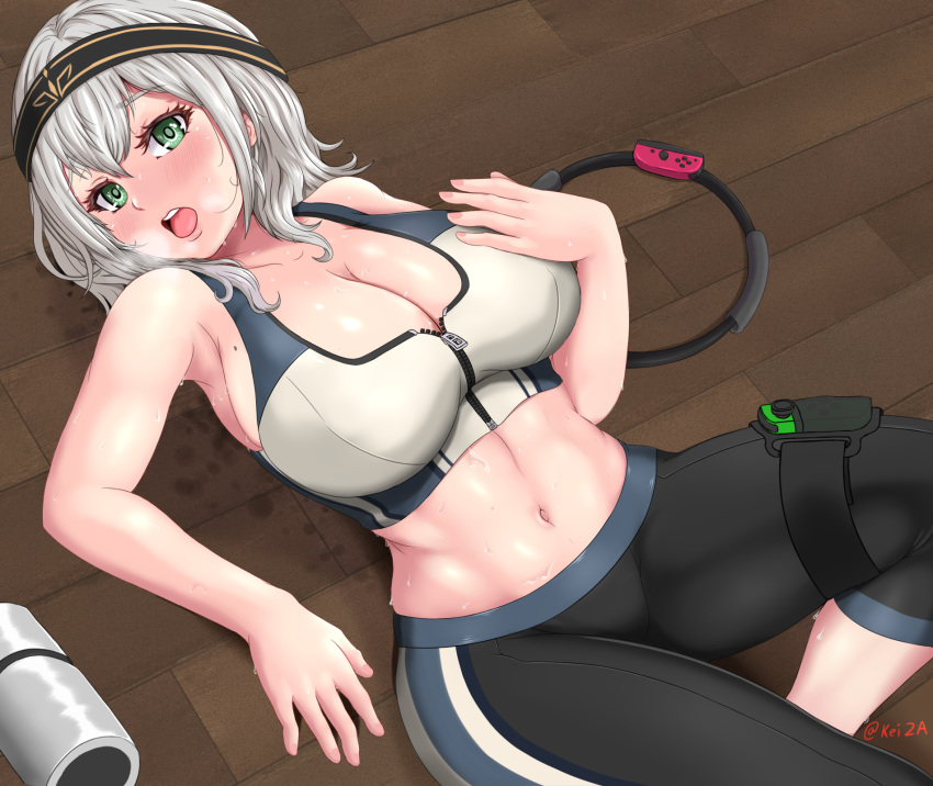 alternate_costume armpits bare_arms bare_shoulders bike_shorts black_shorts blush breasts breath cleavage collarbone commentary female fingernails green_eyes grey_hair hand_on_own_chest headband highres hololive joy-con kei2b large_breasts lying medium_hair midriff mole mole_on_breast navel nintendo_switch open_mouth ring-con ring_fit_adventure shirogane_noel shorts solo sports_bra sweat teeth tongue twitter_username upper_teeth_only virtual_youtuber wavy_hair wooden_floor zipper zipper_pull_tab